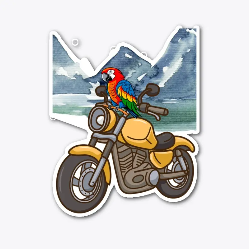 Parrot rides a motorcycle